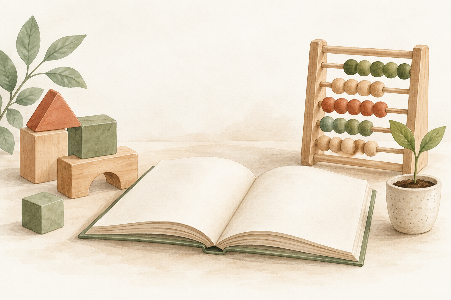 Livro aberto, ábaco e blocos de madeira: diferentes recursos para descobrir como aprendemos.